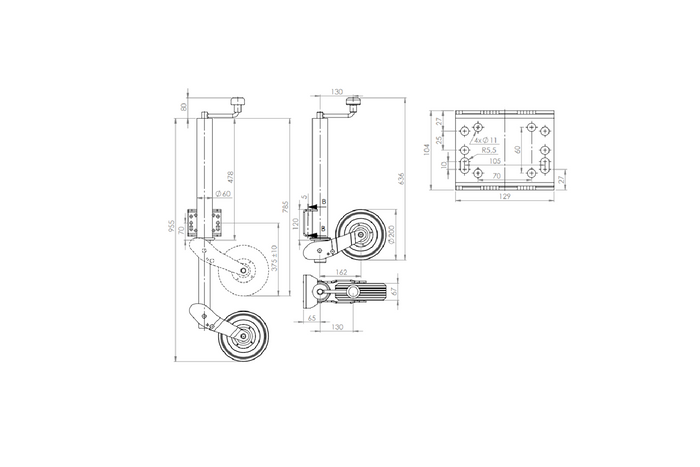 Automatické opieracie koleso UNITRAILER s rukoväťou 250 kg 60 mm 785-955 mm